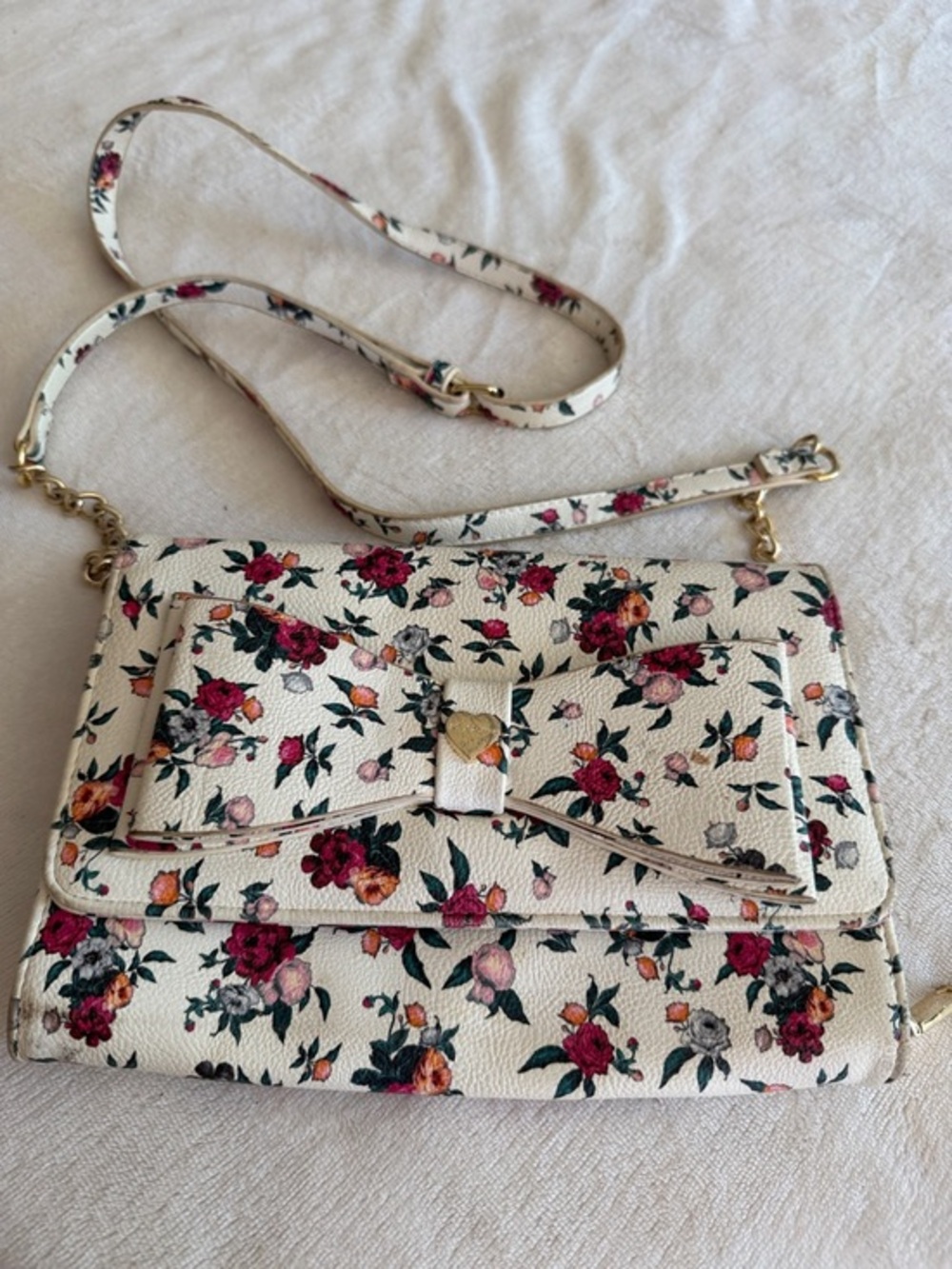 Betsey Johnson Cream Floral Bow Crossbody with Pink & Red Flowers